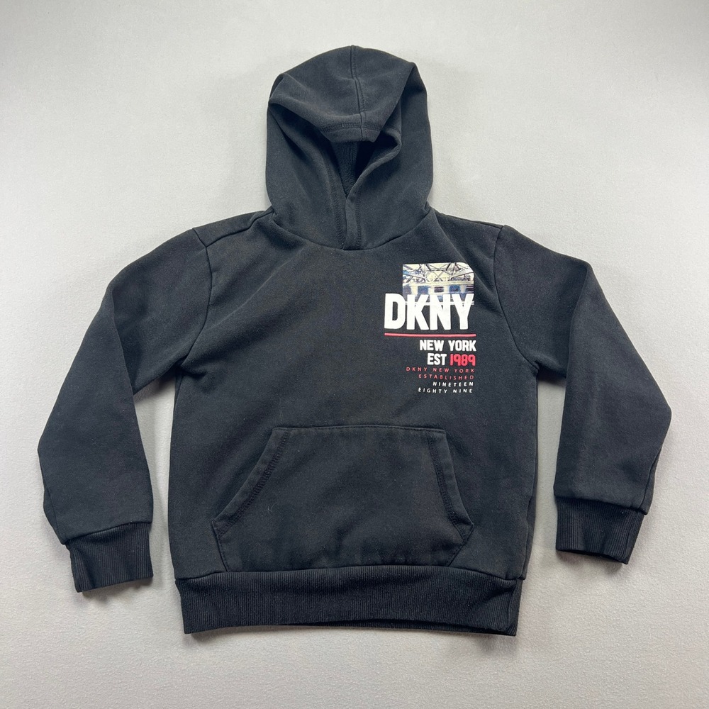 DKNY Hoodie Boys 7 Black New York Cityscape Graphic Print Cotton Kangaroo Pocket